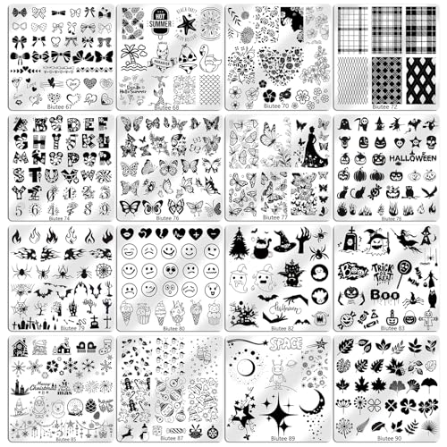Biutee 16PCS Nail Stamping Plates Nail Stamping Kit with Nail Art Stamper | Nail Stamper Kit with Scraper & Storage Bag, Nail Art Stamping Plates Butterfly Flower Leaf Bowknot Design for DIY Nail Art - color: 20 Piece Set