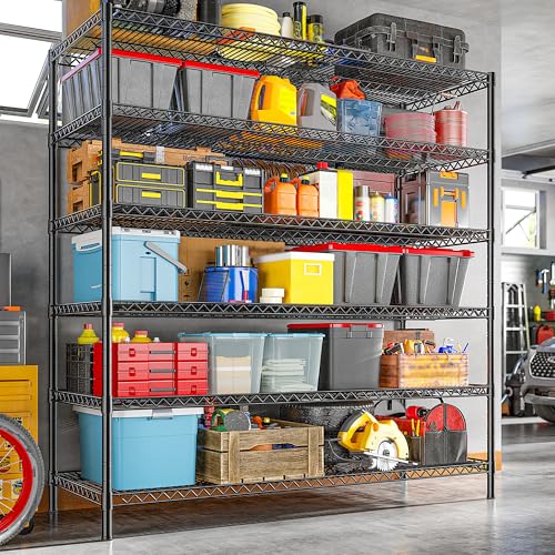 REIBII 6-Tier Heavy Duty Wire Shelving Unit, 3840LBS Storage Shelf Rack | 3840 lbs capacity,commercial grade,25mm steel rods,3 reinforcing posts/layer,powder-coated,rust-proof,tool-free assembly - size: 83"H x 55.5"W x 18"D