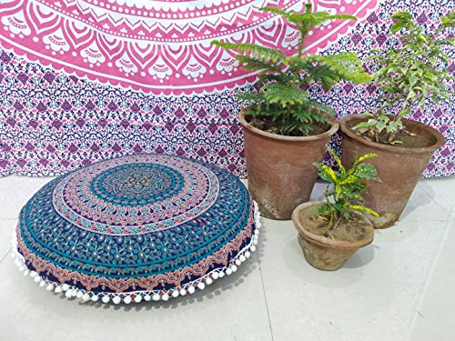 INDIAN CRAFT CASTLE 24" Brown Peacock Mandala Barmeri Large Floor Pillow Cover Cushion Meditation Seating Ottoman Throw Cover Hippie Decorative Zipped Bohemian Pouf Ottoman Pom Pom Cases 24" Round - color: Brown, style: 24 Inch Round