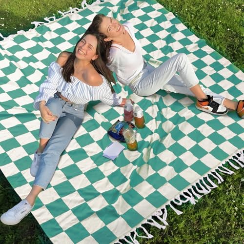 Extra Large Turkish Beach Towel Picnic Mat Throw Blanket Oversized Sandproof Boho Woven Summer Essential Yoga Accessories Park Patio Lawn Garden Grass Ground Play Music Festival Concert Must Have - color: Checked Green, size: Giant Large 82'' x 90''