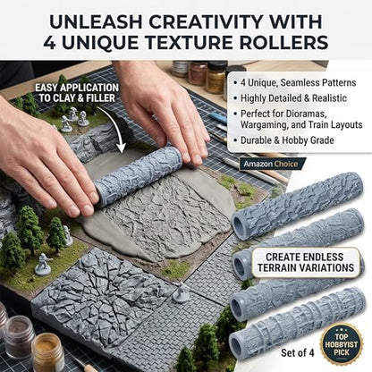 Warmtree 4 Pcs RPG Terrain Texture Roller Set Polymer Clay Texture Roller | DND Terrain Sets Texture Roller for DIY Modeling Scenic Terrain Wall Road Model Miniatures Landscape