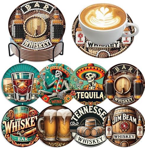 Mrnsiet 8 PCS Halloween Diamond Art Coasters Kits with Holder, 5D DIY Vintage Beer Diamond Pinting Coaster Acrylic Non Slip Coaster with Cork Pads for Tabletop Protection 10×10 CM - color: JXBD07-US