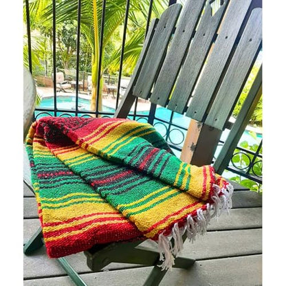 Open Road Goods Handmade Rasta or Hippie Blanket - Traditional Mexican Falsa Blanket in Rasta Colors