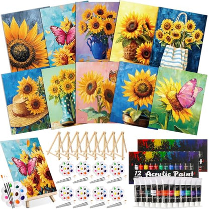 Ctosree 72 Pcs Sunflower Paint and Sip Kit for Adults 8'' x 10'' Pre Drawn Canvas for Painting DIY Pre Printed Canvas for Party Favor Acrylic Painting Kit Wood Easel Brushes Date Night Bulk - style: Sunflower