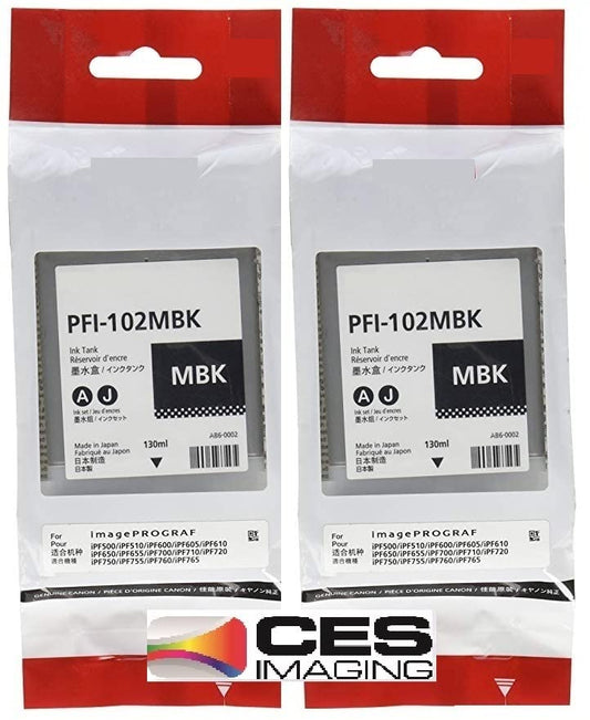Original Canon 2 x PFI-102MBK Pigment Matte Black Ink Tank for The imagePROGRAF iPF500/600/700 Inkjet Printers, 130 ml.+ InkSAVER Microfiber LCD Screen Cleaning Cloth