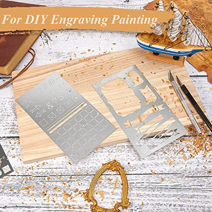 Lewtemi 8 Pcs Metal Journal Stencils, Stainless Metal Stencils Wood Tool Journal Style Scrapbooking DIY Wood Carving Engraving, Painting Planning Small Reusable Painting Template(Classic Style) - style: Classic Style,Retro,Vintage