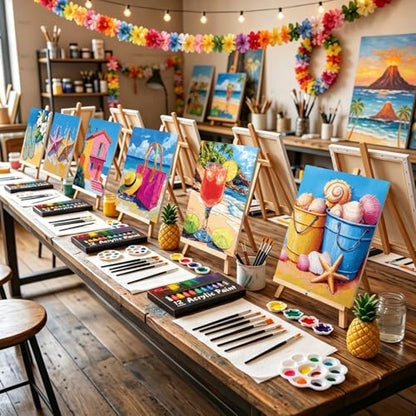 Ctosree 72 Pcs Hawaii Paint and Sip Kit for Adults 8'' x 10'' Pre Drawn Canvas for Painting DIY Pre Printed Canvas for Party Favor Acrylic Painting Kit Wood Easel Brushes Date Night Bulk - style: Hawaii