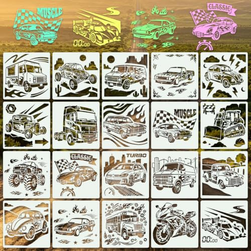 Car Stencils for Crafts Reusable 20Pcs Stencils(5.9X5.9 Inch) | DIY Art Painting Stencil Furniture Decor Kit for Wood Embroidery Wall Silk Screen Journaling - color: Car