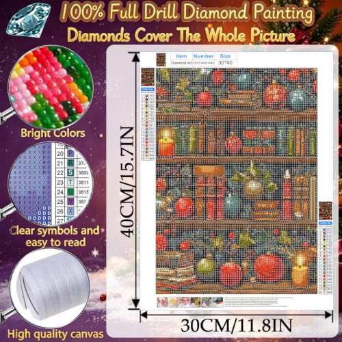 Chritsmas Diamond Painting Kits for Adults, Bookshelf Diamond Art for Adult | Full Round Drill Paint by Diamond, Christmas Diamond Art Painting, Gem Arts and Crafts for Adults Beginners 12x16 Inch - color: Bookshelf
