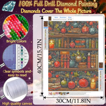 Chritsmas Diamond Painting Kits for Adults, Bookshelf Diamond Art for Adult | Full Round Drill Paint by Diamond, Christmas Diamond Art Painting, Gem Arts and Crafts for Adults Beginners 12x16 Inch - color: Bookshelf