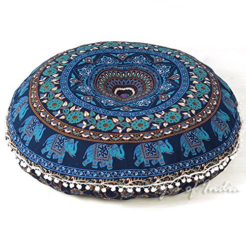 Mandala Floor Pillow Cover Meditation Cushion Seating Throw Hippie Round Colorful Decorative Bohemian Indian Pouf Ottoman Handmade Cover ONLY (M1 Dark Blue, 32" x 32") - color: M1 Dark Blue, size: 32" x 32" (Pack of 1)