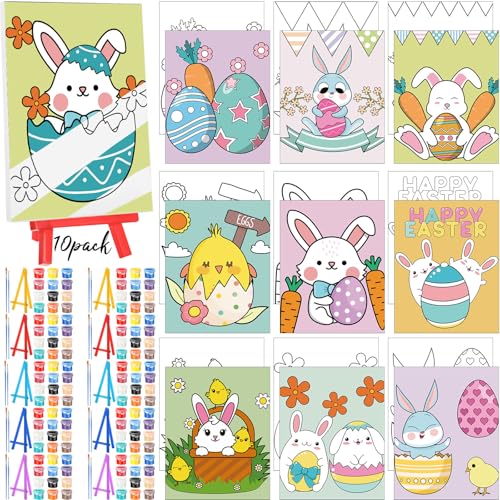 Blosssound 10 Set Easter Pre Printed Canvas Bunny Pre Drawn Canvas Painting with Easel Kits 5" x 7" Outline Painting Panels for Beginners, DIY Craft Project, Party Favor, Home Decors - style: Bohemian