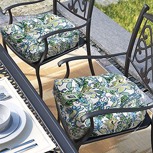 Magpie Fabrics Outdoor/Indoor Tufted Seat Cushion with Ties Set of 2, 19"x19" Waterproof Patio Chair Pads Tatami Floor Pillow for Room Garden Balcony Office Decor(Botanical Blue) - color: Botanical Blue
