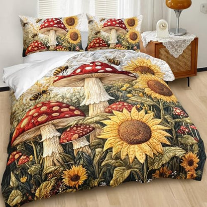 AILONEN Mushroom & Sunflower Duvet Cover Set Twin Size,Cartoon Flower Bee Quilt Cover with 2 Pillowcases, Soft Breathable 3Pcs - color: Mushroom110, size: Twin