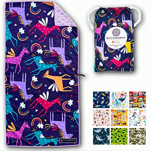 ECCOSOPHY Microfiber Kids Toddler Beach Towel, Quick Dry, Sand Free, 60x30 - color: Unicorns