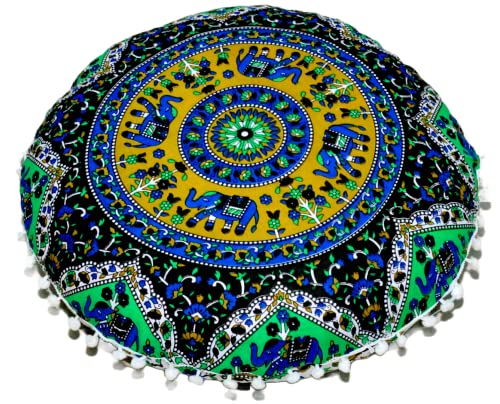 CRAFT KALA 22" Round Mandala Boho Pillow Cover Meditation Room Seating Poufs Cover for Living Room Yoga Room Home Bedroom Balcony Garden Party Decoration Cotton Floor Cushion Cover 22", Blue Elephant - color: Blue Elephant, size: 22"