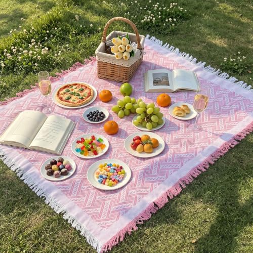 Pink 91×71 Boho Cotton Picnic Blanket, Woven Tassel Outdoor Grass Mat | Large Machine Washable Picnic Blankets for 5 to 7 Adults, Lightweight for Park Picnics, Camping and Backyard Gatherings - color: Pink, size: 91*71INCH