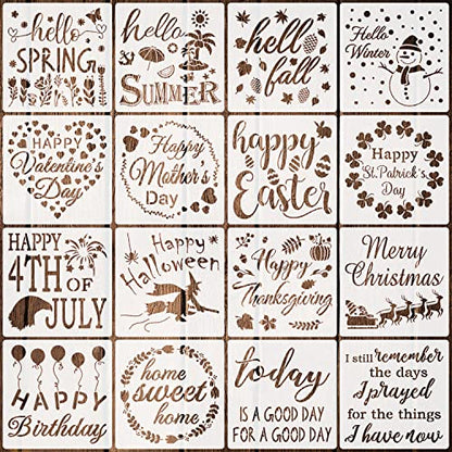 16 Piece Seasonal Home Sign Stencils - Reusable Festival Word Stencils for Painting on Wood Walls, Home Door Decorations (7.9 Inches) - size: 7.9 Inches