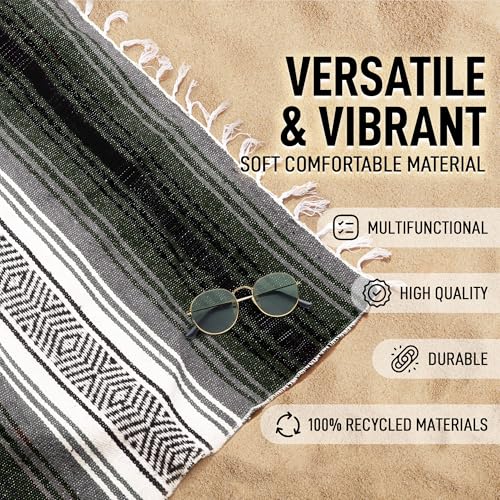 Hydration Nation Authentic Extra Large Mexican Blanket - 70"x50" Handwoven Yoga, Serape, Artisanal Falsa - Camping, Picnic, Outdoor (Military Green) - color: Military Green