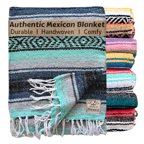 Del Mex Classic Mexican Blanket, Large Authentic Woven Falsa Throw (70"x50"), Artisan Southwest Décor for Beach, Yoga, Outdoors (Navy/Mint) - color: Navy/Mint