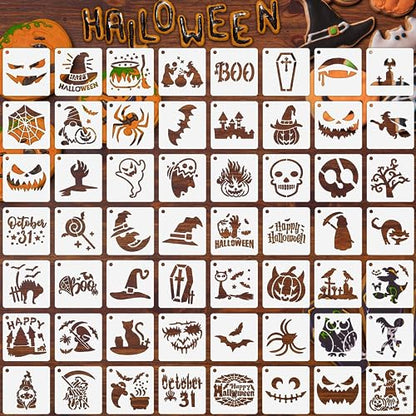 Augshy 56 Pack Small Halloween Pumpkin Stencils for Painting Crafts | Plastic, Reusable, Wood Ornaments, Fabrics, Door Mats, Window Decoration, DIY Crafts, 3 Inch - style: Halloween