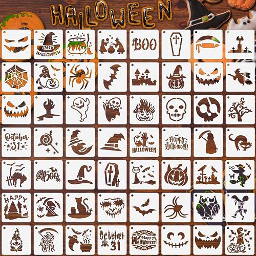 Augshy 56 Pack Small Halloween Pumpkin Stencils for Painting Crafts | Plastic, Reusable, Wood Ornaments, Fabrics, Door Mats, Window Decoration, DIY Crafts, 3 Inch - style: Halloween