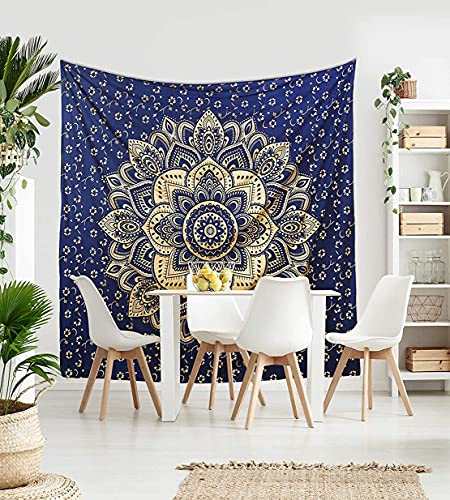 Rajsee Blue Gold Mandala Tapestry - Bedroom Aesthetic - Indie Boho Trippy Large Wall Hanging - 82x92 Inches - color: Blue and Gold, size: 92"L x 82"W