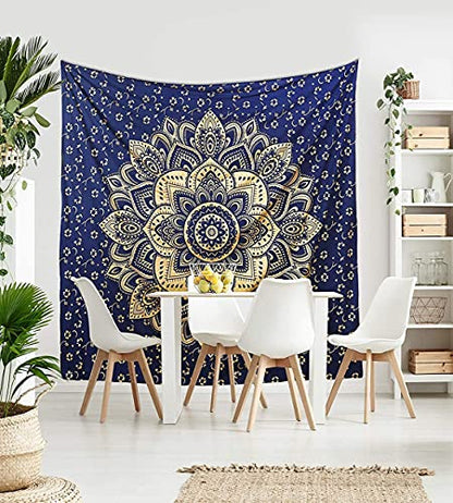Rajsee Blue Gold Mandala Tapestry - Bedroom Aesthetic - Indie Boho Trippy Large Wall Hanging - 82x92 Inches - color: Blue and Gold, size: 92"L x 82"W