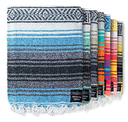 Benevolence LA Authentic Mexican Blanket – Handwoven Falsa Serape Throw – Beach, Camping, Picnic & Yoga Blanket – Lightweight Cotton Throw for Outdoor & Home – Sky Blue, 50x70 in - color: Sky Blue
