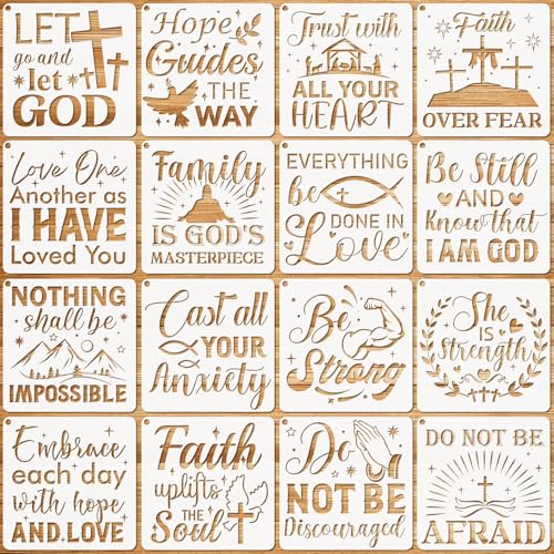 JSRQT 16Pcs Christian Inspirational Stencils, Bible Verse Motivational Quotes Word Stencils Set, Plastic Reusable Template for Painting DIY Wood Wall Canvas Sign for Home Decor Card Making, 13×13 CM - size: 13*13CM