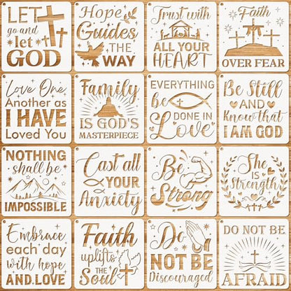 JSRQT 16Pcs Christian Inspirational Stencils, Bible Verse Motivational Quotes Word Stencils Set, Plastic Reusable Template for Painting DIY Wood Wall Canvas Sign for Home Decor Card Making, 13×13 CM - size: 13*13CM