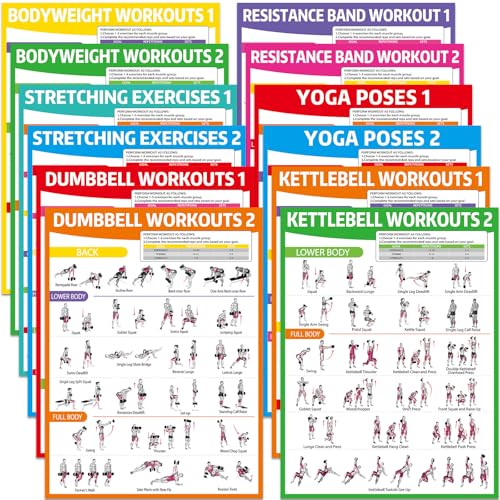 gisgfim 12PCS Workout Posters for Home Gym Dumbbells, Bodyweight, Stretching, Resistance Bands, Yoga, Kettlebells Exercise Chart Full Body Workout Poster Set Muscle Engagement Chart Garage Gym Decor - color: Colorful