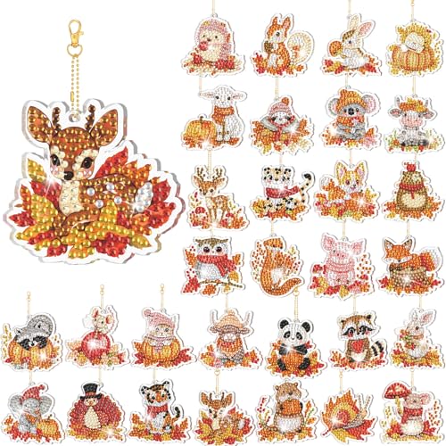 WILLBOND 30 Pcs Thanksgiving Diamond Art Kits for Adults, Animals Theme | Thanksgiving Diamond Painting Ornaments, Double Sided, DIY Thanksgiving Animals Diamond Painting Keychain for Adults - color: Fall Animal
