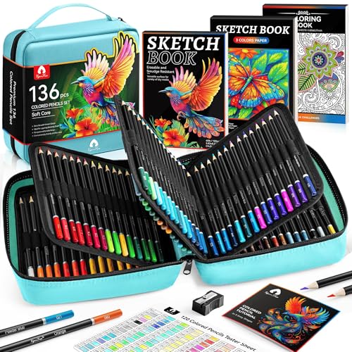 136 PCS Colored Pencils Set for Adult Coloring Books, 120 Colored Pencils | with Sketchbook, Coloring Book, Sharpener, Tutorial, Soft Core Sketching Drawing Pencils, Art Supplies for Adults Artists