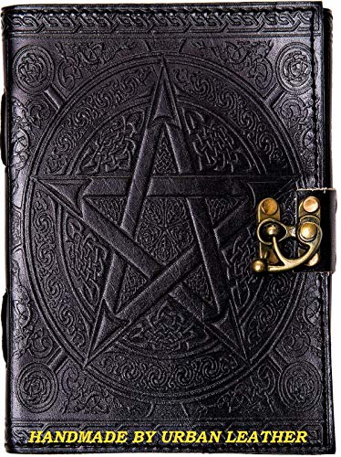 Vintage Leather Journal Black Book of Shadows Pentagram Gothic Star Pentacle Writing Notebook Goth Grimoire Wiccan Witch Pagan Gifts Decor Supplies, Unlined Pages