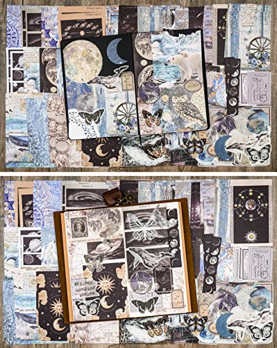 Knaid 200 Piece Vintage Ephemera Bundle - Paper & Sticker Kit for Junk Journaling, Scrapbooking, Planners, Bullet Journals, Collage, Decoupage - Black/Blue Tones - style: Black & Blue