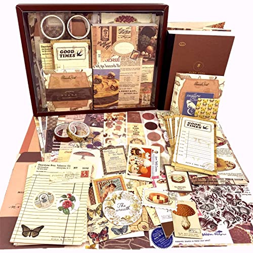 LCLAIDYDY 348 PCS Vintage Scrapbook Kit with A6 Grid Notebook, Bullet Junk Journals, DIY Gift Aesthetic Journaling Supplies for Teen Girl Women - color: Vintage