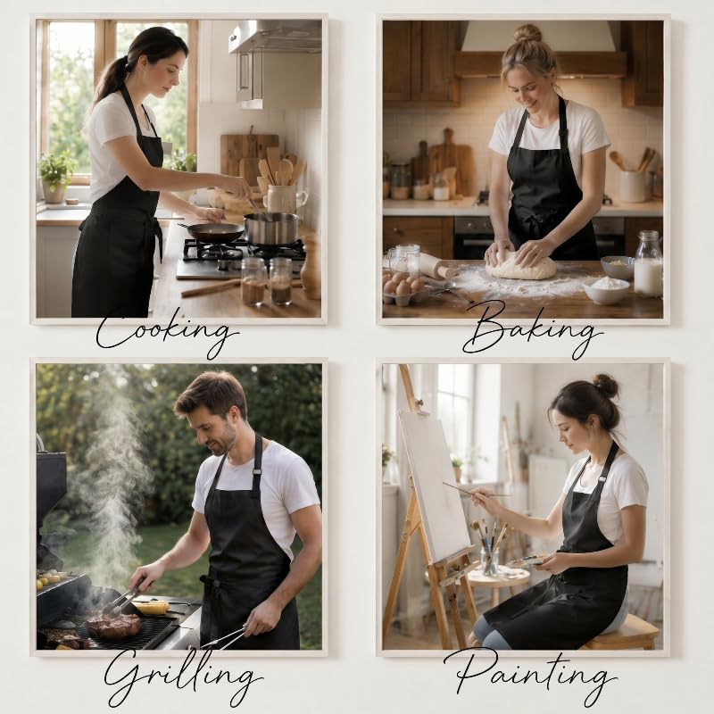 Polyester White/Black Bib Apron - 2 Large Pockets Women Aprons for Kitchen, Baking, Painting, and Halloween - color: Black