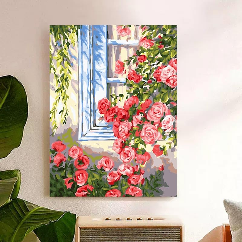 ZRIZQ Paint by Numbers Kit for Adults Beginner,Flowers Window,16x20 | Full set with wooden brushes,rolled canvas,rich paints.Calming activity.Beginner friendly.Just open and paint. - color: 16"X20"Rolled Canvas(Frameless)-Flowers 14