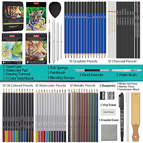 PANDAFLY 80 Drawing Set Sketching Kit, Art Supplies with 3-Color Sketchbook | Watercolor Paper, Include Tutorial, Colored, Graphite, Charcoal, Watercolor & Metallic Pencil, for Beginners & Pro Artists