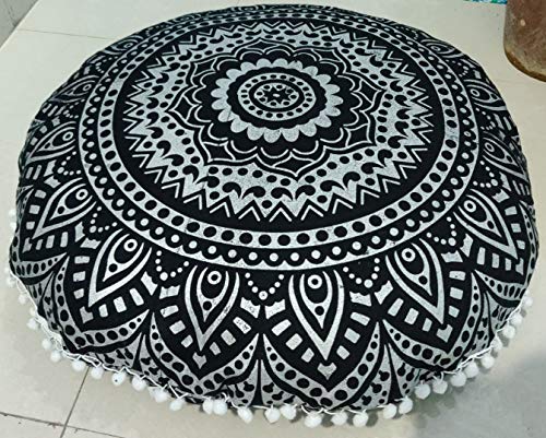 INDIAN CRAFT CASTLE 24" Black Silver Mandala Barmeri Large Floor Pillow Cover Cushion Meditation Seating Ottoman Throw Cover Hippie Decorative Zipped Bohemian Pouf Ottoman Pom Pom Cases 24" Round - color: Black Silver, style: 24 Inch Round
