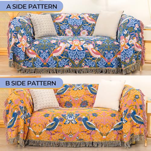 Boho Cotton Muslin Twin Size Bed Throws Blue&Yellow 60"×80" - color: Bird&florals, size: 60''x80''