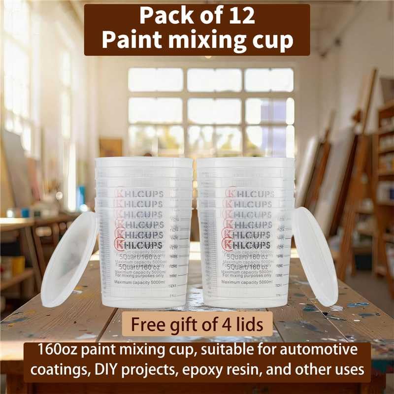 12 Pcs cups and 4 lids 160 oz Graduated Paint Mixing Cups 5 Quart Disposable Clear Paint Mixing Bucket Plastic Epoxy Measuring Cups with Ratios on Side of Cup for Resin, Epoxy, Art