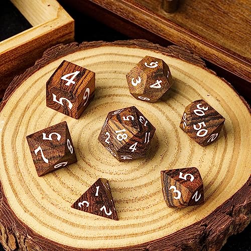 Wood DND Dice Set 7PCS Brown Wooden Dice Set for D&D Tabletop Games - color: Brown Black Striped