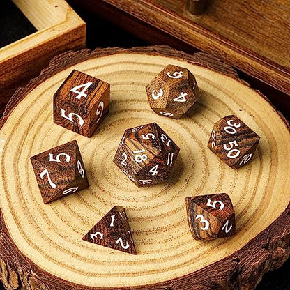 Wood DND Dice Set 7PCS Brown Wooden Dice Set for D&D Tabletop Games - color: Brown Black Striped