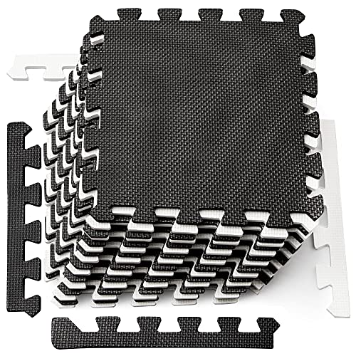 DEAYOU 16 Tiles Interlocking Foam Mat Floor Tiles, 12" x 12" EVA Foam Puzzle Mat with Borders, 0.4" Thick Soft Protective Exercise Padding Mats for Fitness, Play, Gym, Black and Cream White
