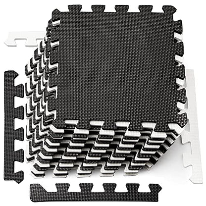 DEAYOU 16 Tiles Interlocking Foam Mat Floor Tiles, 12" x 12" EVA Foam Puzzle Mat with Borders, 0.4" Thick Soft Protective Exercise Padding Mats for Fitness, Play, Gym, Black and Cream White