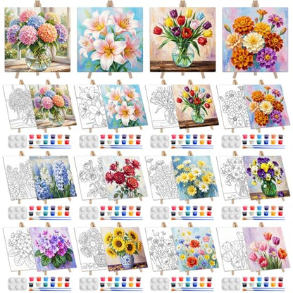 Supervitae 72 Piece Rustic Flowers Square Pre Drawn Canvas Kit 8" Paint and Sip Kit for Adults Painting Party Pre Printed Canvas DIY with Pictures Paints Easels Brushes for Party Gifts - size: 8", style: Rustic Flowers
