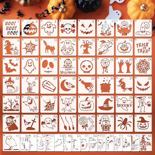 Halloween Stencils for Painting, 64 Pcs 3 Inch for Cards Gift Tags | Reusable & Easy to Clean, Spooky Seasonal Icons, Party Favor Bags, Classroom Projects, Scrapbooks, Beginner Friendly - color: Halloween