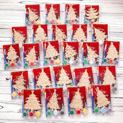Saypacck 24 Pcs Christmas Tree Party Favors Wooden Paint Craft Kits | Includes Brushes Paints, Christmas Tree Designs, Organza Bags for Goodie Bag Fillers, Christmas Stocking Stuffer Gifts - style: Christmas Tree